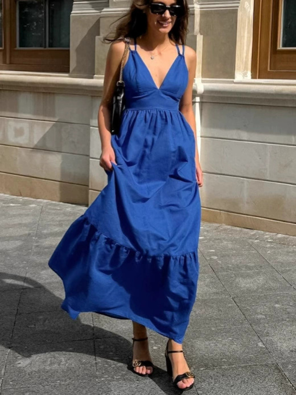 ZARA Womens Summer V Neck Backless Spaghetti Strap A Line Long Dress Chic Casual